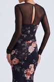 Black Round Neck Floral Ruched Mermaid Long Sleeves Formal Dress