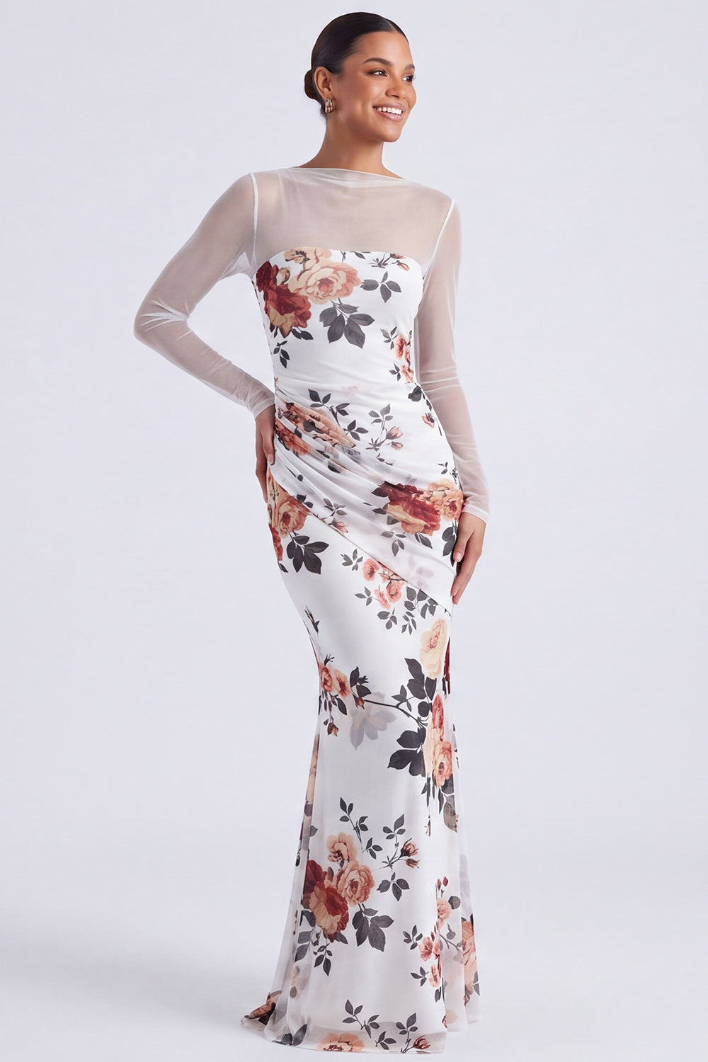 Black Round Neck Floral Ruched Mermaid Long Sleeves Formal Dress