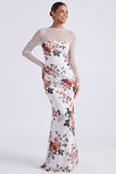 Black Round Neck Floral Ruched Mermaid Long Sleeves Formal Dress