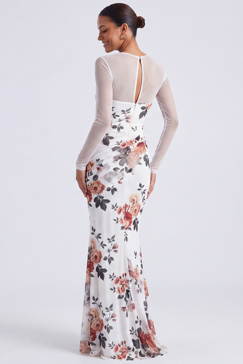 Black Round Neck Floral Ruched Mermaid Long Sleeves Formal Dress