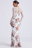 Black Round Neck Floral Ruched Mermaid Long Sleeves Formal Dress