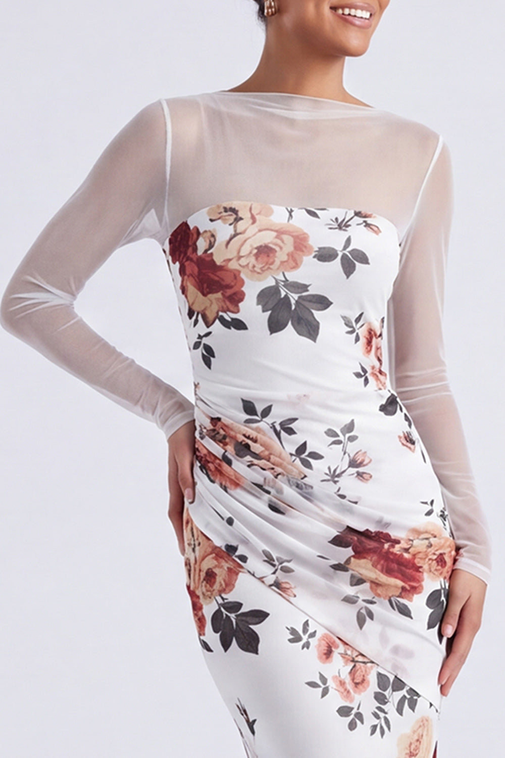 Black Round Neck Floral Ruched Mermaid Long Sleeves Formal Dress