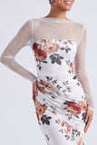 Black Round Neck Floral Ruched Mermaid Long Sleeves Formal Dress