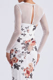 Black Round Neck Floral Ruched Mermaid Long Sleeves Formal Dress