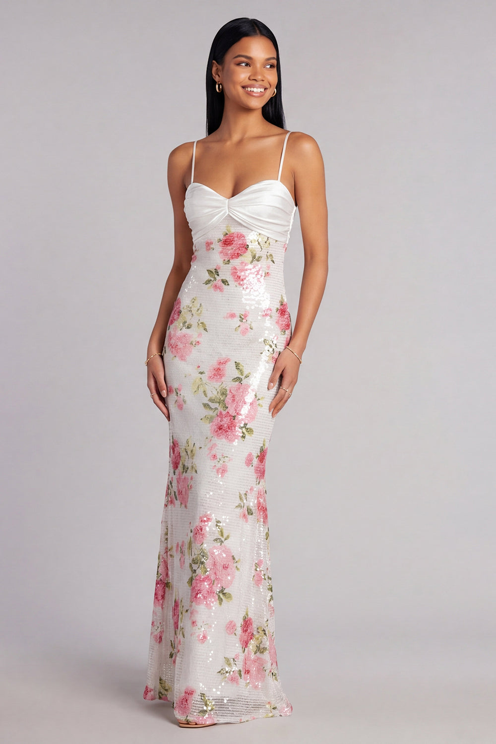Ivory Spaghetti Straps Sequins Floral Mermaid Long Formal Dress