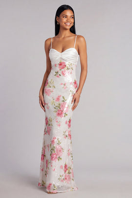 Ivory Spaghetti Straps Sequins Floral Mermaid Long Formal Dress