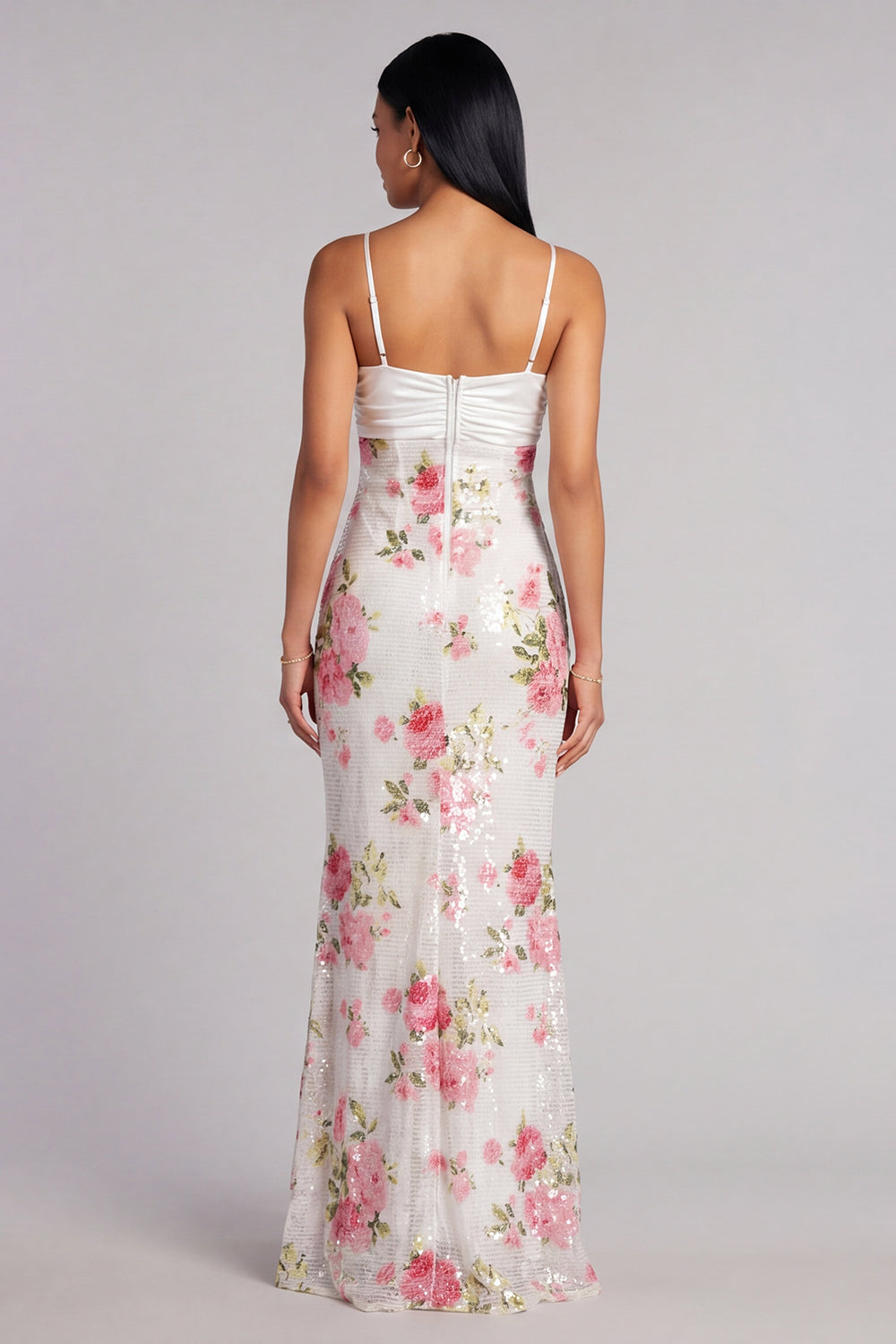 Ivory Spaghetti Straps Sequins Floral Mermaid Long Formal Dress
