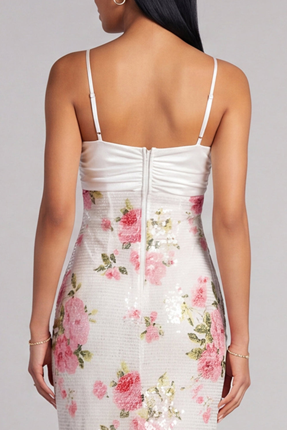 Ivory Spaghetti Straps Sequins Floral Mermaid Long Formal Dress