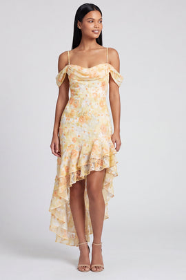 Butter Yellow Cold Shoulder Floral Mermaid High Low Formal Dress with Ruffles