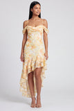 Butter Yellow Cold Shoulder Floral Mermaid High Low Formal Dress with Ruffles