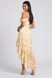 Butter Yellow Cold Shoulder Floral Mermaid High Low Formal Dress with Ruffles