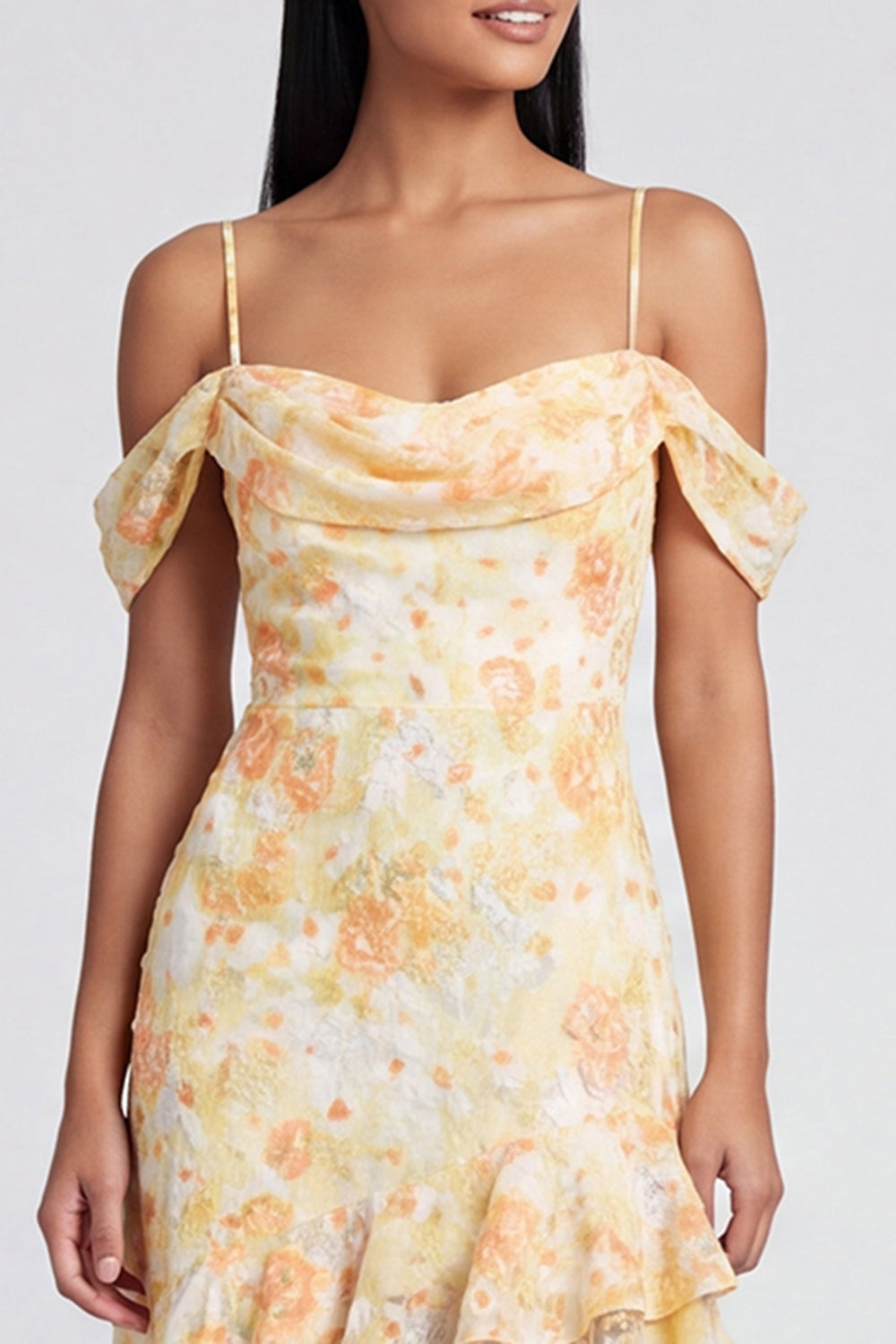 Butter Yellow Cold Shoulder Floral Mermaid High Low Formal Dress with Ruffles