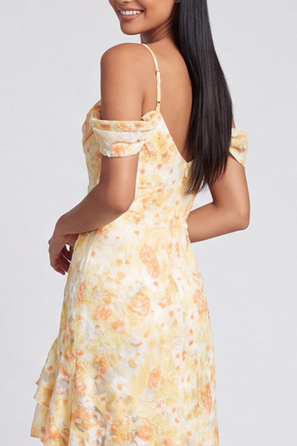 Butter Yellow Cold Shoulder Floral Mermaid High Low Formal Dress with Ruffles