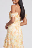 Butter Yellow Cold Shoulder Floral Mermaid High Low Formal Dress with Ruffles