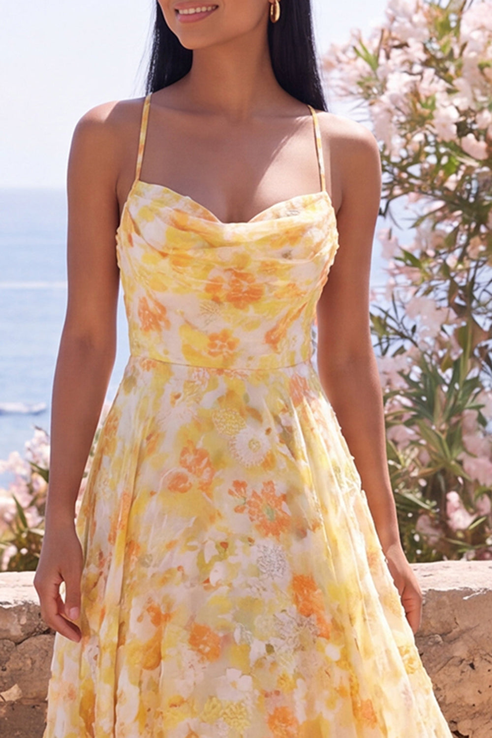 Butter Yellow Cowl Neck A Line Floral Long Formal Dress