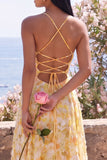 Butter Yellow Cowl Neck A Line Floral Long Formal Dress