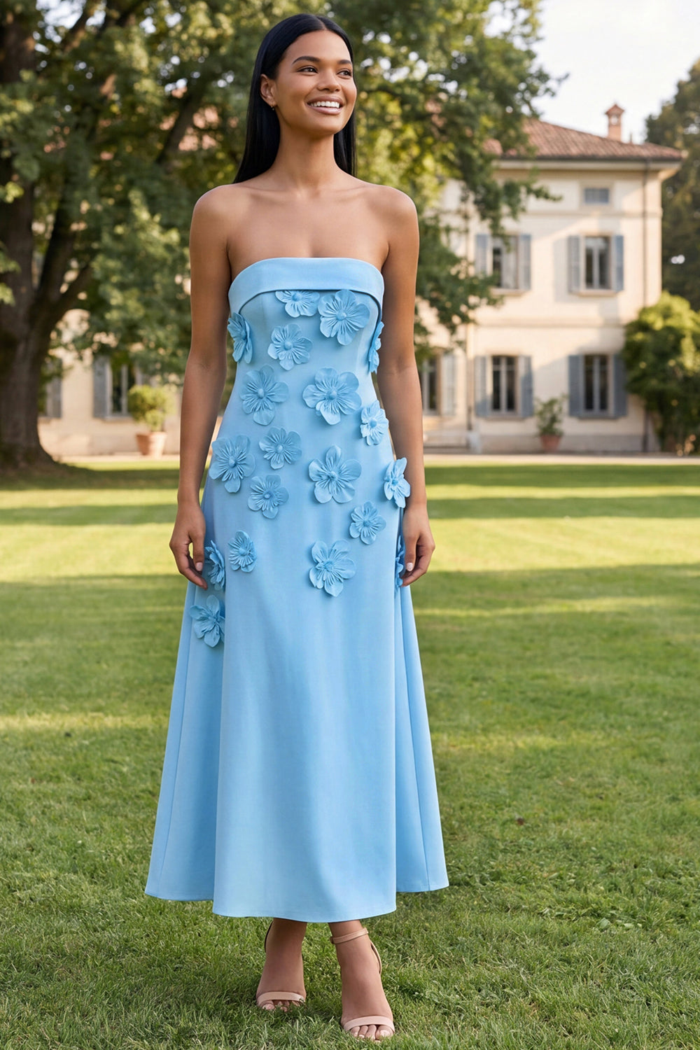 Yellow A Line Strapless Floral Maxi Wedding Guest Dress