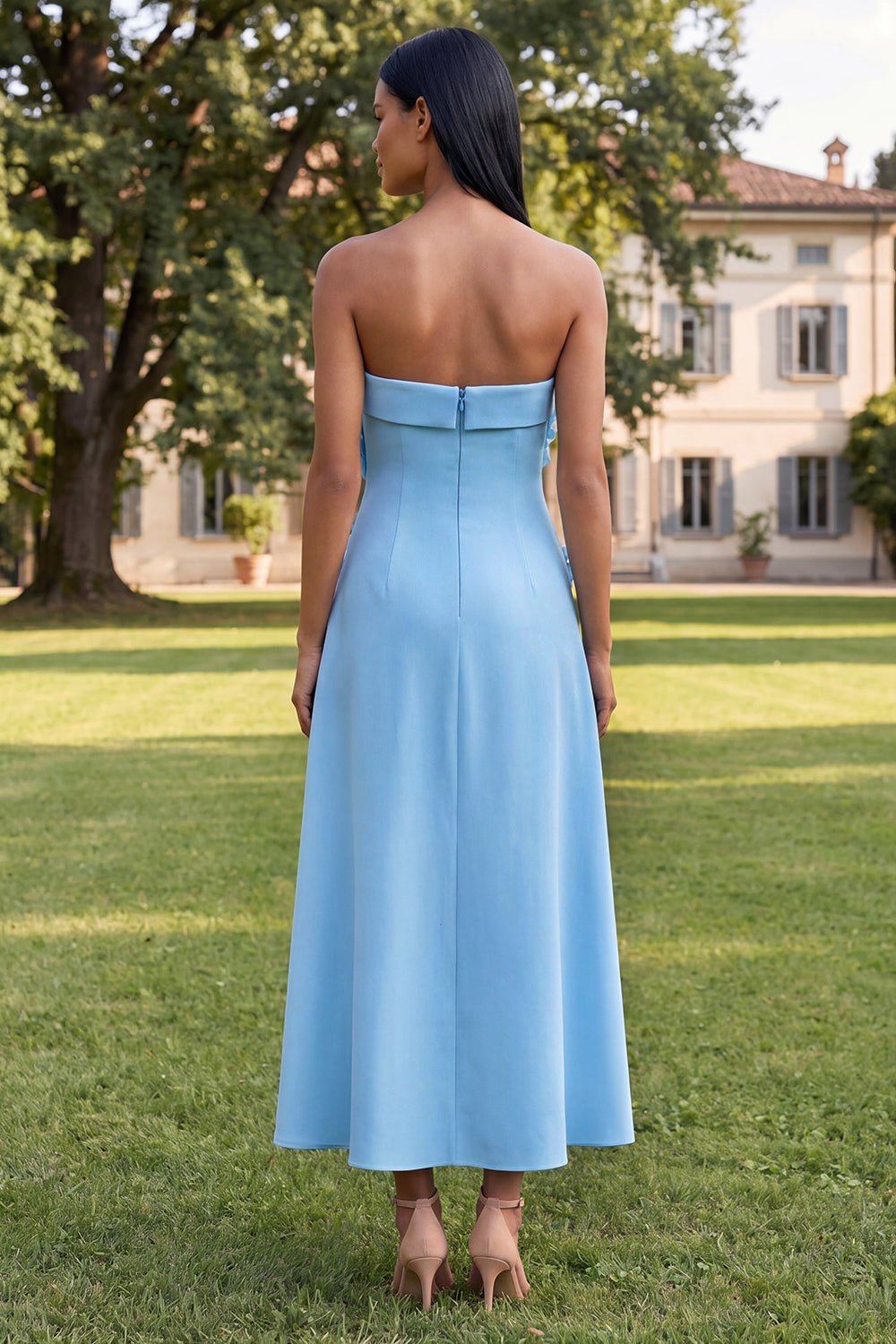 Yellow A Line Strapless Floral Maxi Wedding Guest Dress