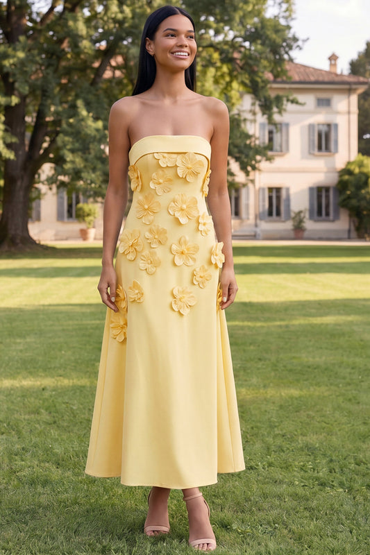 Yellow A Line Strapless Floral Maxi Wedding Guest Dress