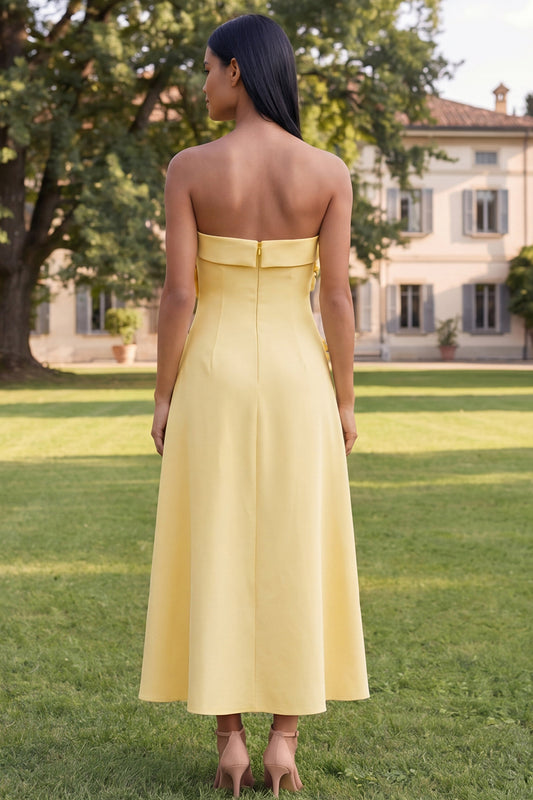 Yellow A Line Strapless Floral Maxi Wedding Guest Dress