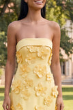 Yellow A Line Strapless Floral Maxi Wedding Guest Dress