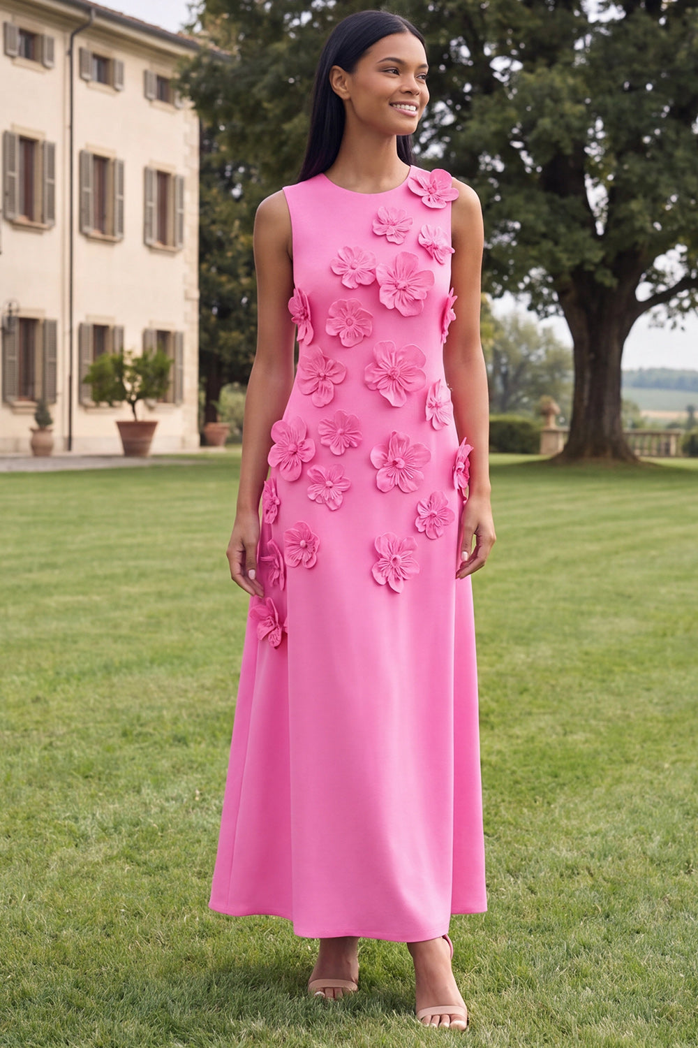 Hot Pink A Line Round Neck Floral Maxi Wedding Guest Dress