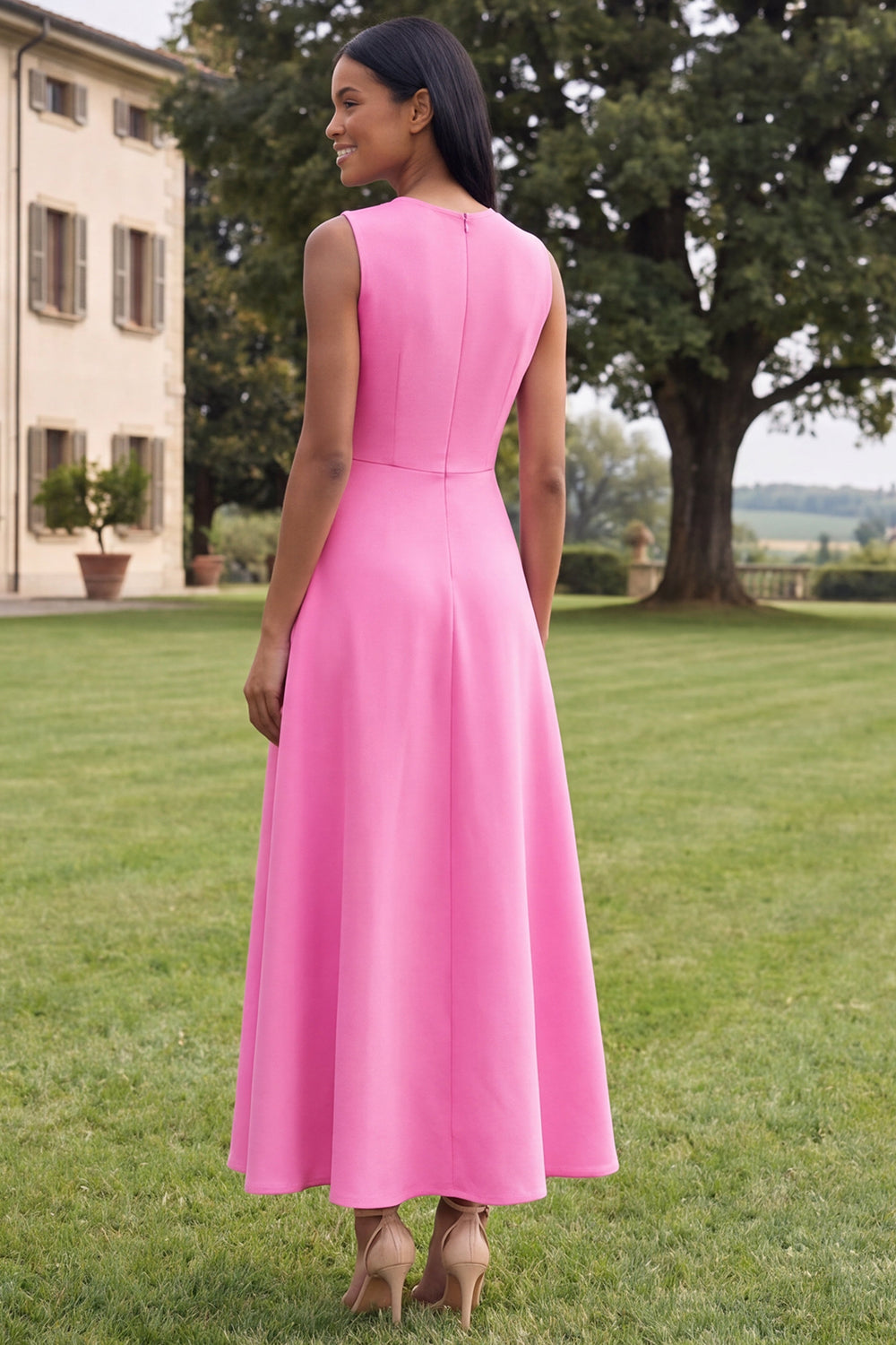 Hot Pink A Line Round Neck Floral Maxi Wedding Guest Dress