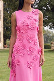 Hot Pink A Line Round Neck Floral Maxi Wedding Guest Dress