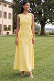 Hot Pink A Line Round Neck Floral Maxi Wedding Guest Dress