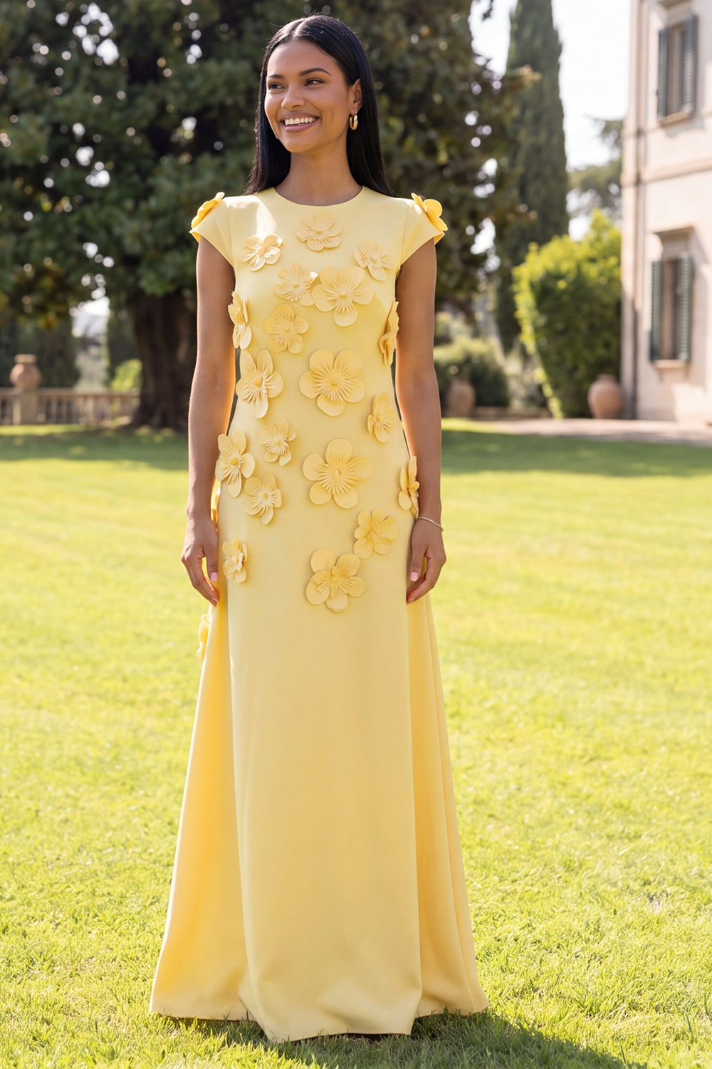Butter Yellow A Line Round Neck Floral Long Wedding Guest Dress with Sleeves