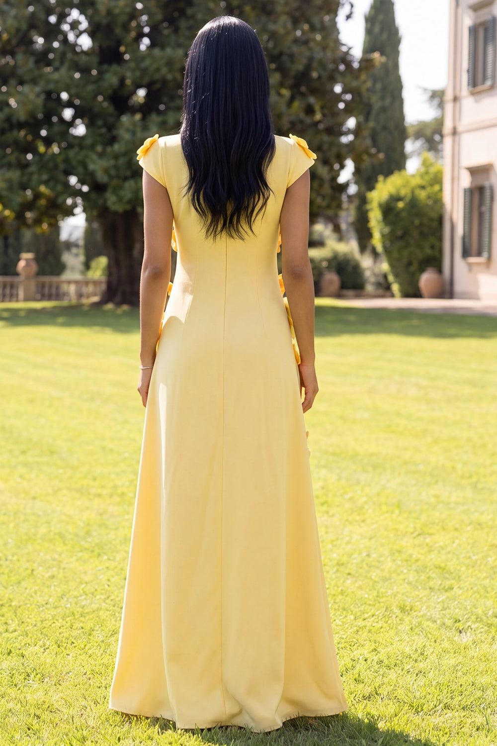 Butter Yellow A Line Round Neck Floral Long Wedding Guest Dress with Sleeves