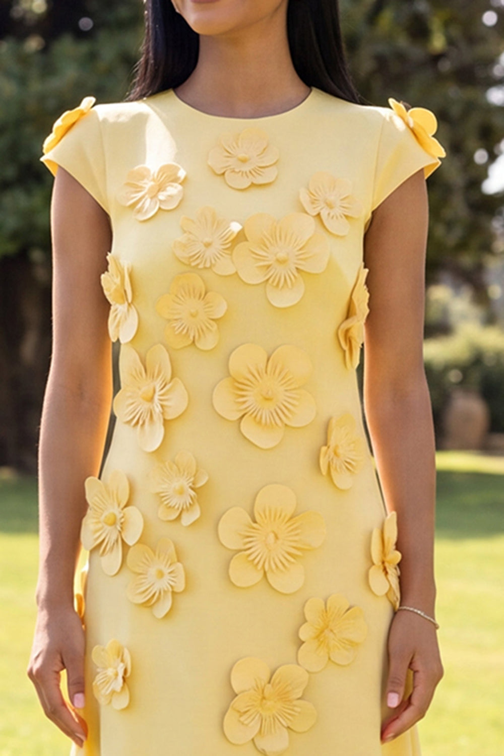 Butter Yellow A Line Round Neck Floral Long Wedding Guest Dress with Sleeves
