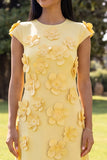 Butter Yellow A Line Round Neck Floral Long Wedding Guest Dress with Sleeves