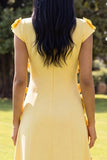 Butter Yellow A Line Round Neck Floral Long Wedding Guest Dress with Sleeves