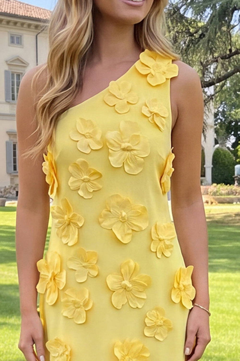 Yellow Sheath One Shoulder Floral Maxi Wedding Guest Dress
