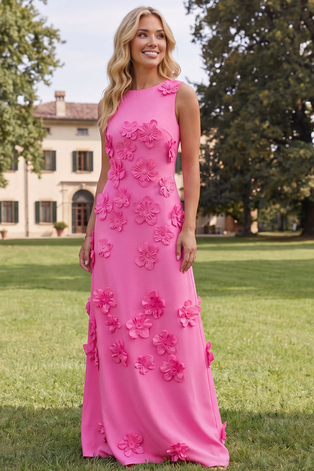 Hot Pink Boat Neck A Line Floral Maxi Wedding Guest Dress