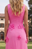 Hot Pink Boat Neck A Line Floral Maxi Wedding Guest Dress