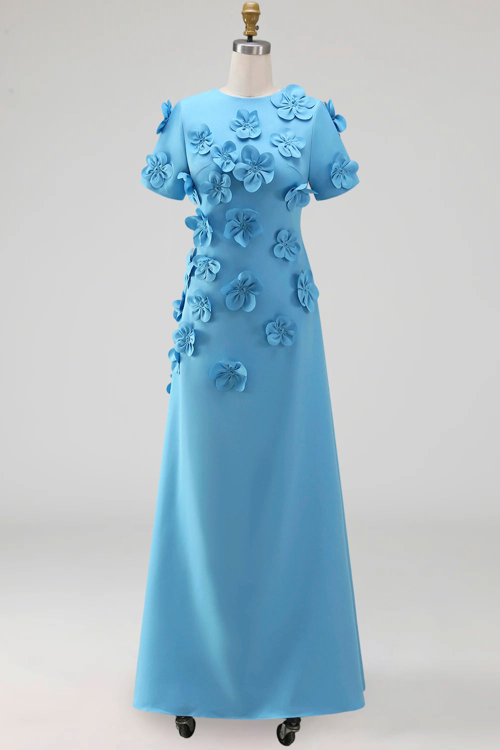 Round Neck Blue A Line Floral Long Wedding Guest Dress with Sleeves