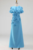 Round Neck Blue A Line Floral Long Wedding Guest Dress with Sleeves