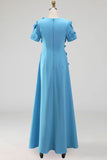 Round Neck Blue A Line Floral Long Wedding Guest Dress with Sleeves