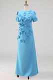 Round Neck Blue A Line Floral Long Wedding Guest Dress with Sleeves