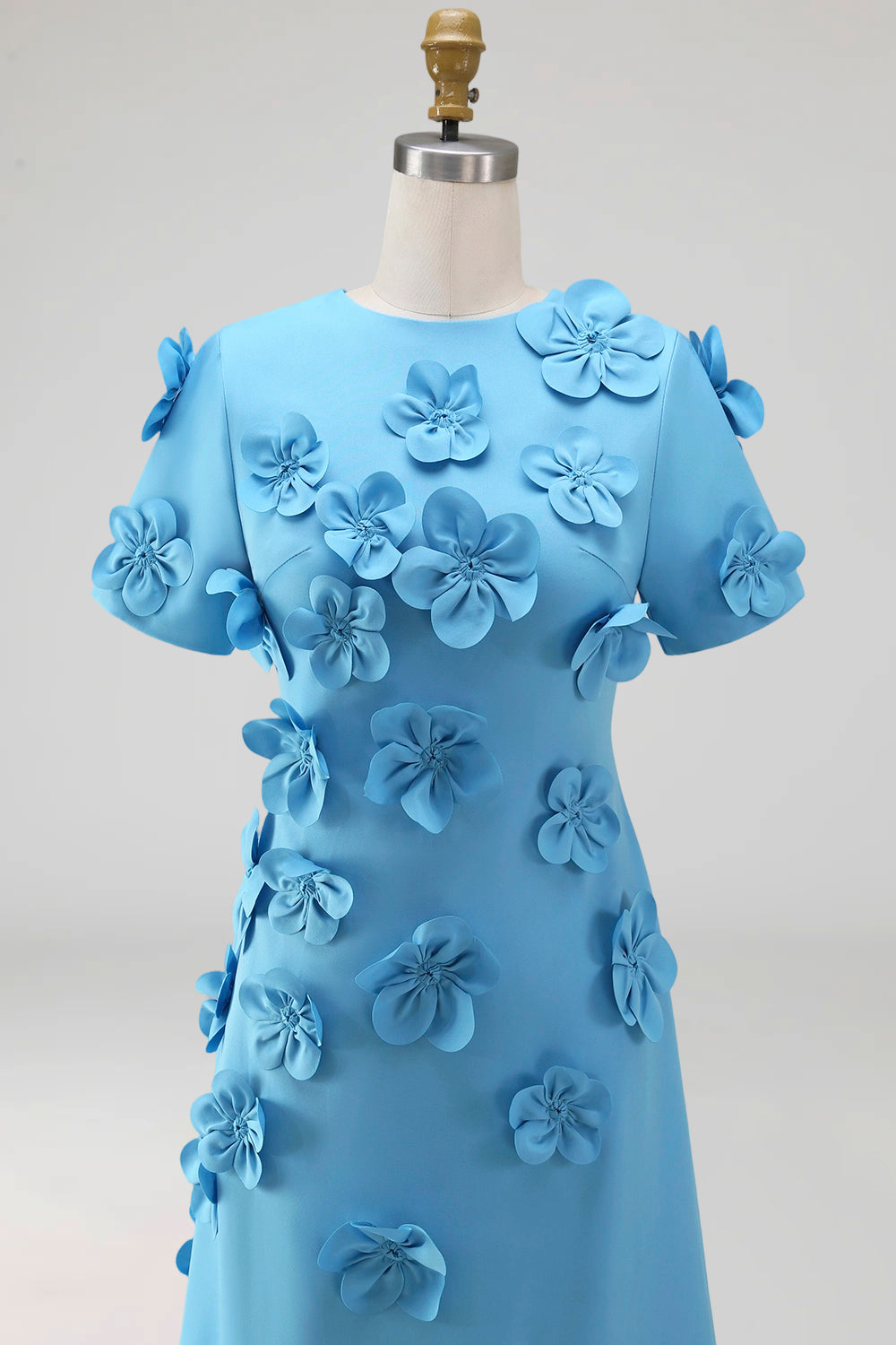 Round Neck Blue A Line Floral Long Wedding Guest Dress with Sleeves