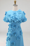 Round Neck Blue A Line Floral Long Wedding Guest Dress with Sleeves