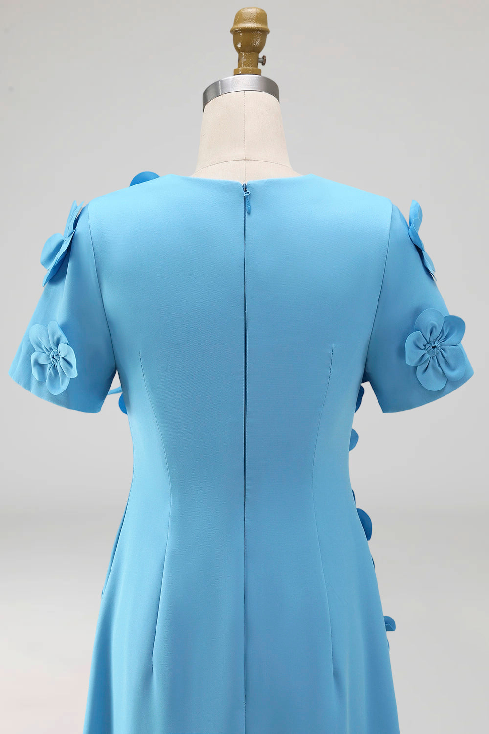 Round Neck Blue A Line Floral Long Wedding Guest Dress with Sleeves