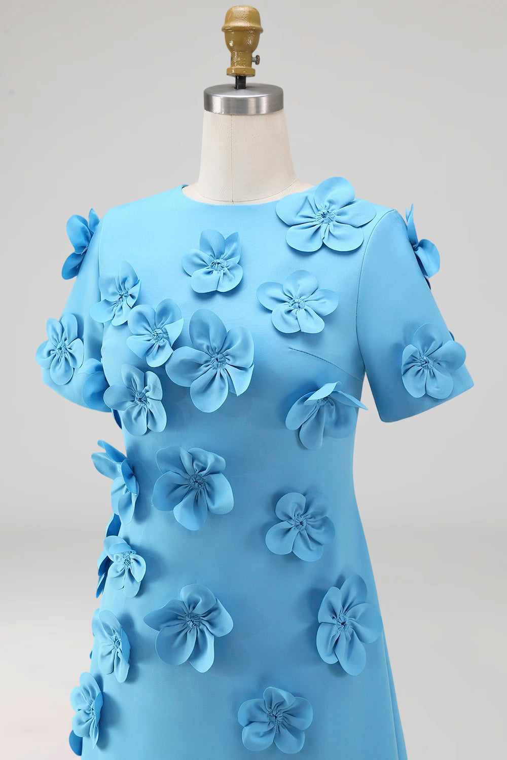 Round Neck Blue A Line Floral Long Wedding Guest Dress with Sleeves