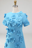 Round Neck Blue A Line Floral Long Wedding Guest Dress with Sleeves