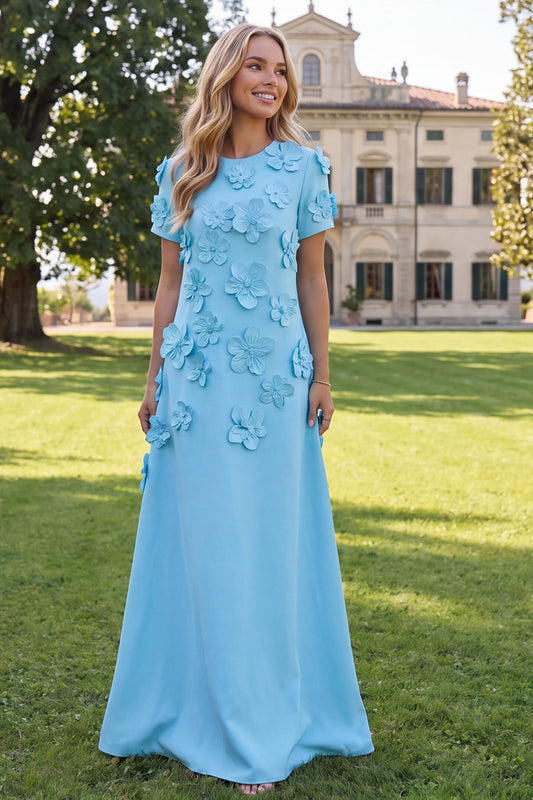 Round Neck Blue A Line Floral Long Wedding Guest Dress with Sleeves