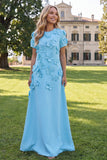 Round Neck Blue A Line Floral Long Wedding Guest Dress with Sleeves