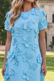Round Neck Blue A Line Floral Long Wedding Guest Dress with Sleeves