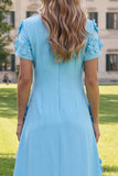Round Neck Blue A Line Floral Long Wedding Guest Dress with Sleeves